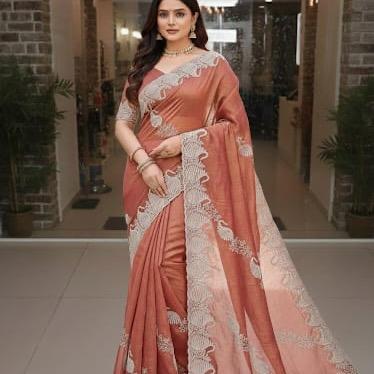 Model in a rose satin saree with scalloped embroidery border